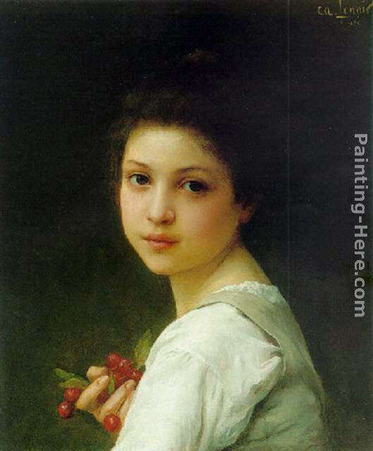 Portrait of a young girl with cherries painting - Charles Amable Lenoir Portrait of a young girl with cherries art painting